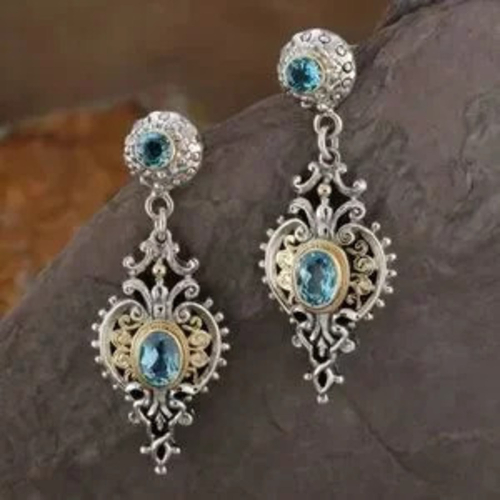 Oval Dangle Earrings Blue Stone Retro Earrings
